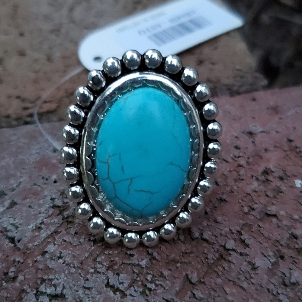 Free Spirit Boho Native South Western People Faux Turquoise Oval Beaded Ring nwt - Picture 3 of 15